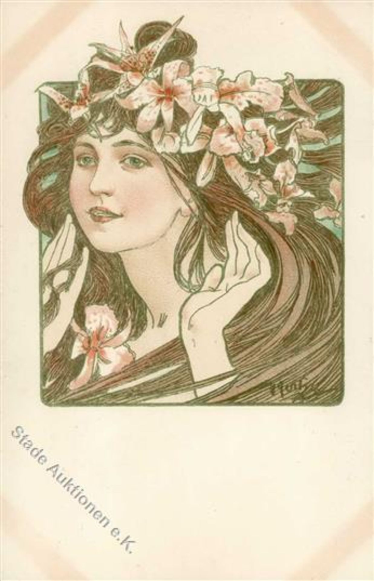 Mucha, Alfons Lady's face with hands close by flowers in long brown hair I-II