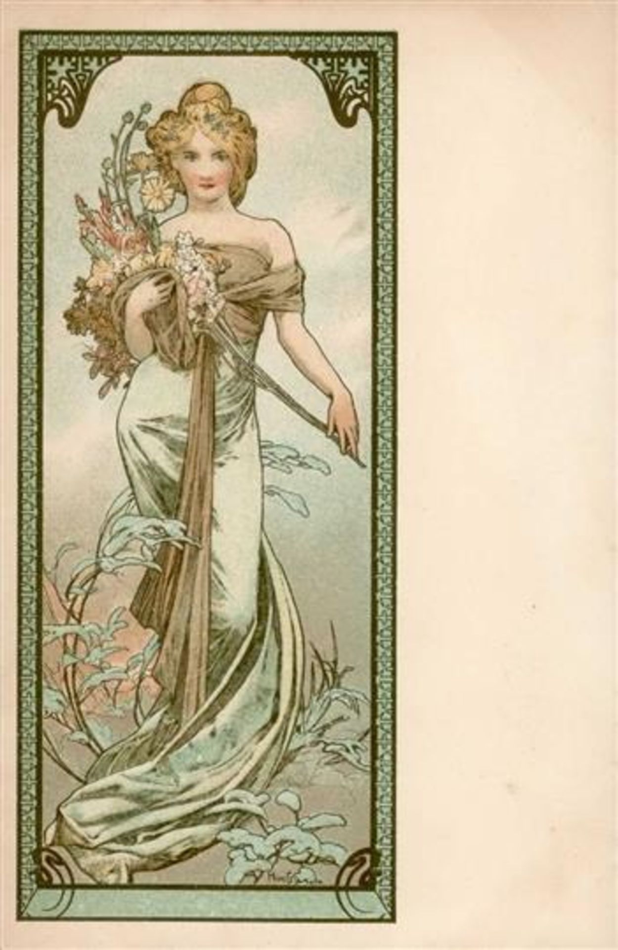 Mucha, Alfons Frühling Frau mit Blumen I-II