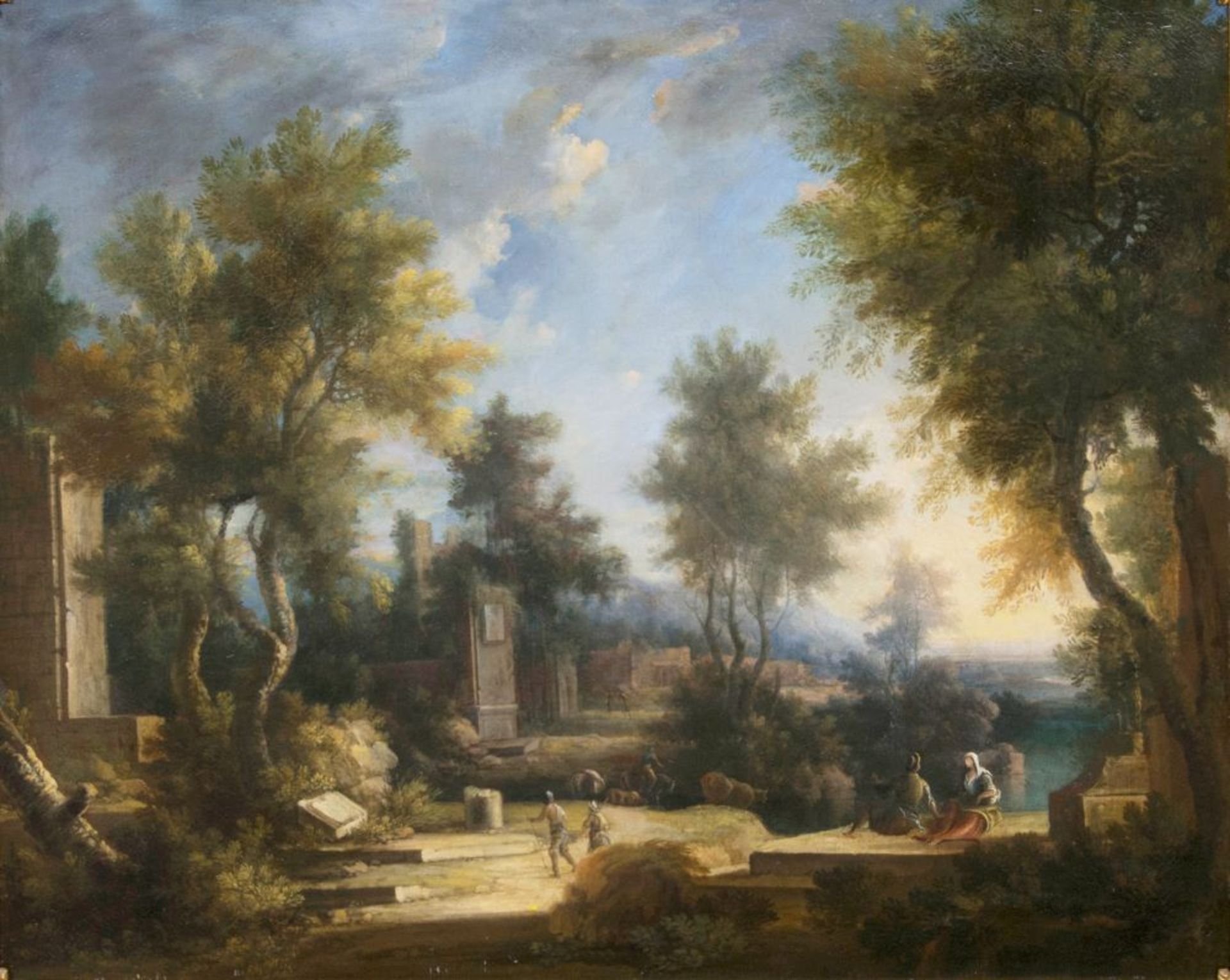 Jan Frans von Bloemen (Antwerpen 1662 - Rom 1749), in der Art des. Arkadische Landschaft mit Ruinen.