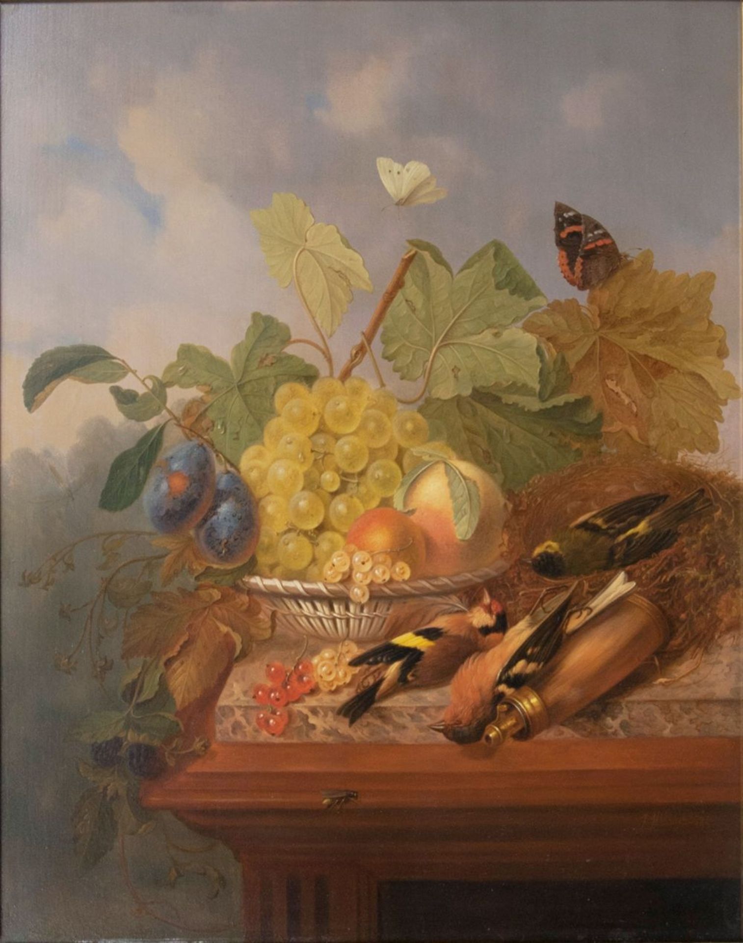 Johannes Marinus Verhoesen (Utrecht 1832 - Utrecht 1898). Stilleben mit Früchten und Vögeln.