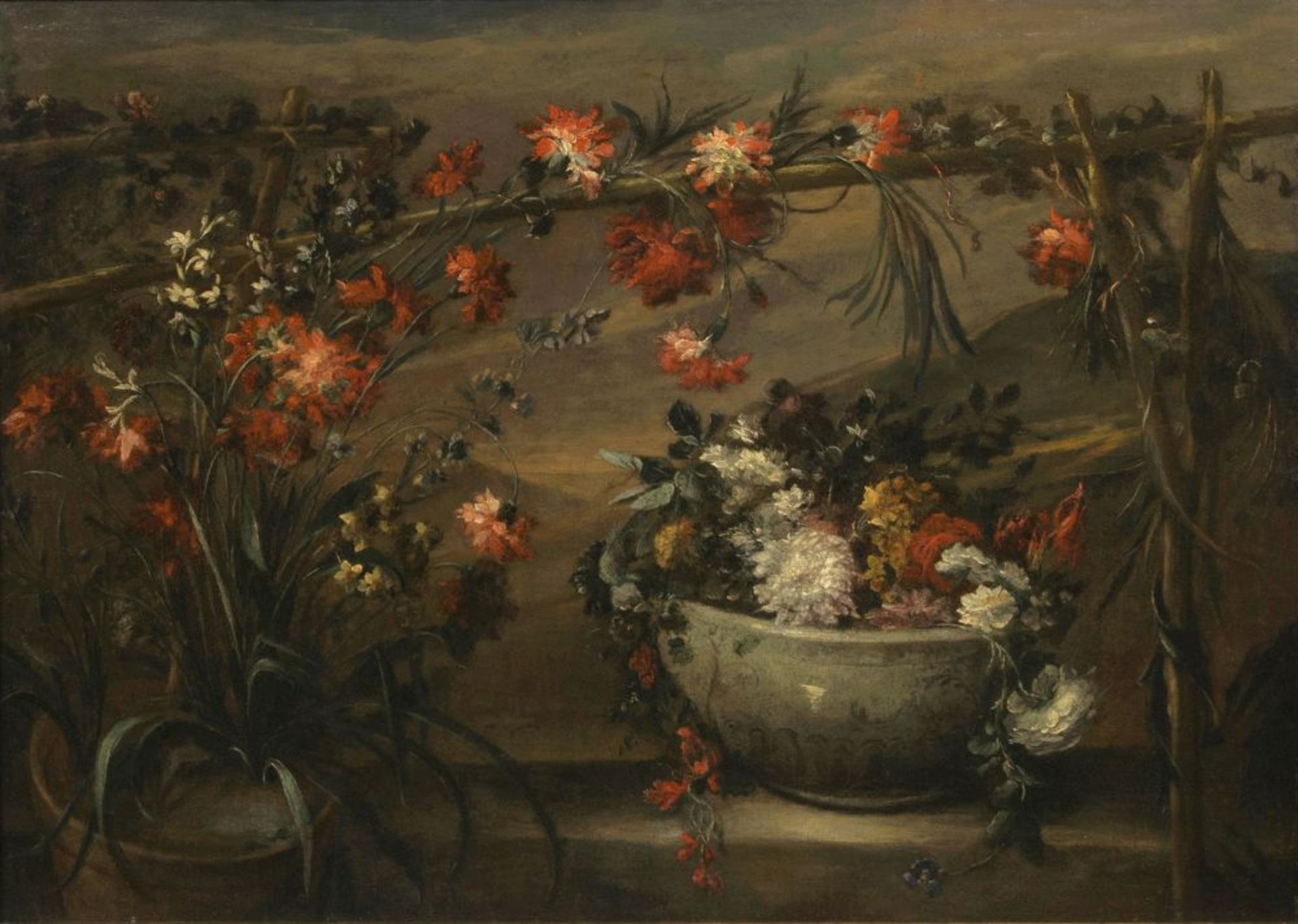 Jean Baptiste Monnoyer (Lille 1636 - London 1699), Nachfolger des 18. Jh. Blumen auf einer Brüstung.