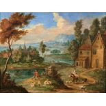 Pieter van Bredael (Antwerpen 1629 - Antwerpen 1719), zugeschr. Weite Landschaft mit Hirten am Fluss