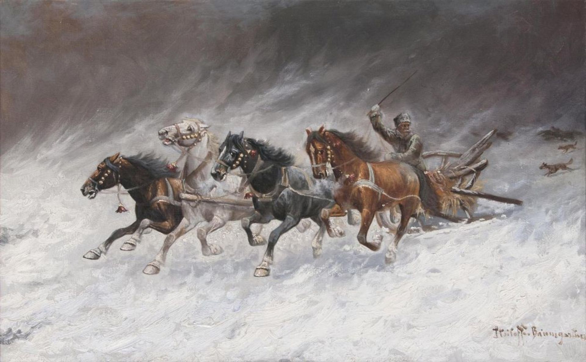 Constantin Stoiloff (Wien 1850 - Wien 1925), d.i. Adolf Baumgartner. Quadriga von Wölfen verfolgt.