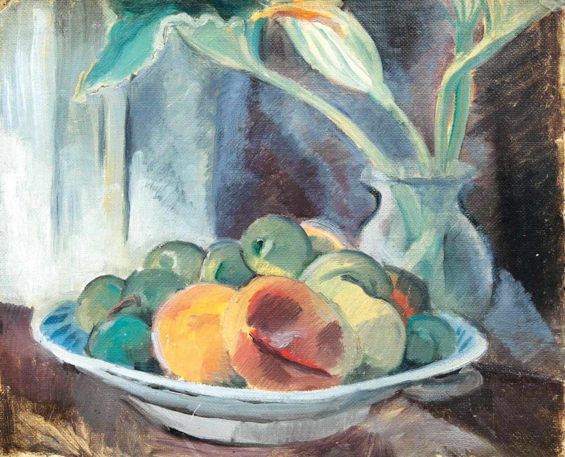 Dorothea Maetzel-Johannsen (Lensahn 1886 - Hamburg 1930). Stilleben mit Blumen und Obst. Öl/