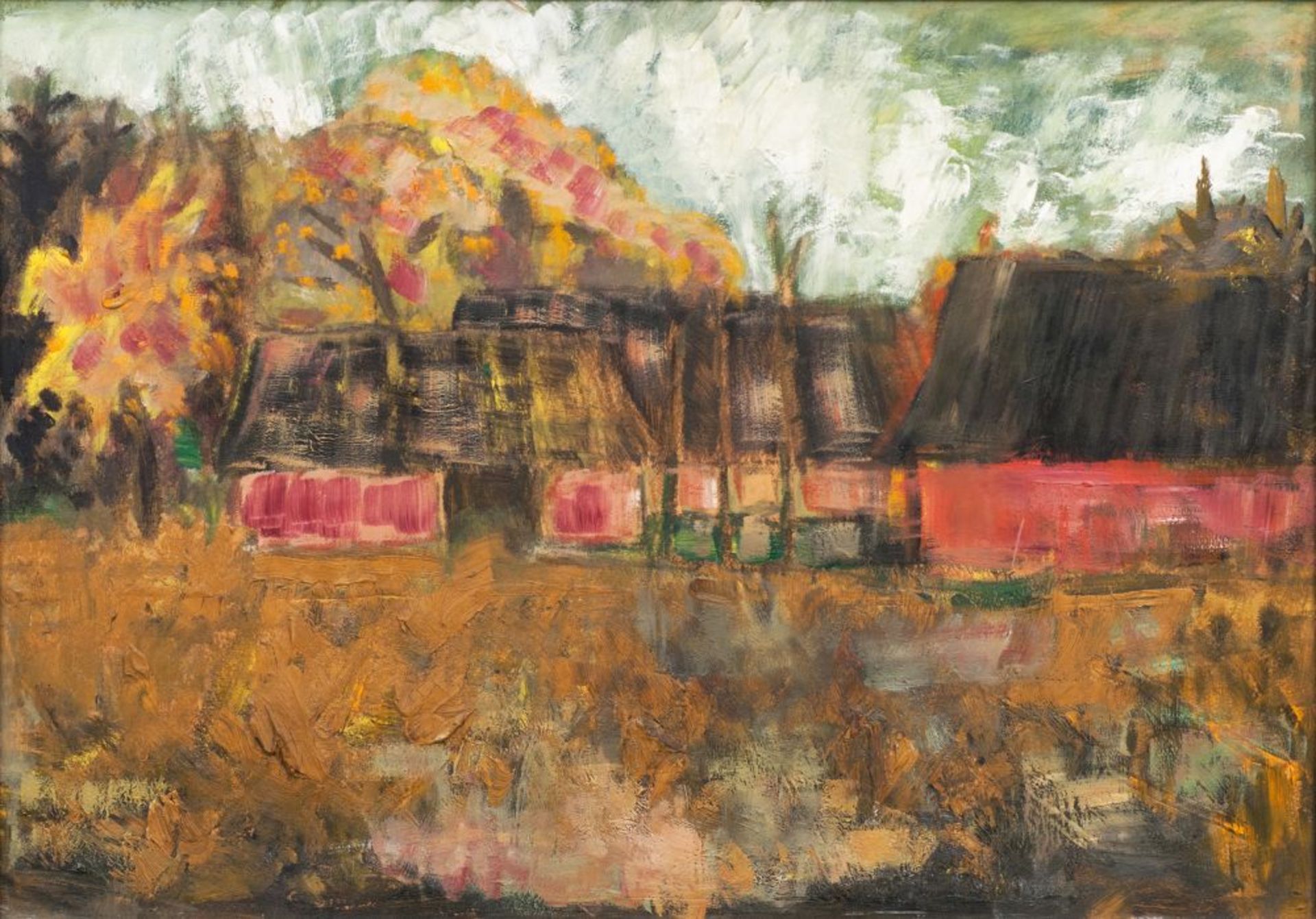 Alfred Kollmar (Bietigheim 1886 - Worpswede 1937). Bauernhäuser im Herbst. Öl/Karton, 50 x 69,5