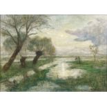 Otto Modersohn (Soest 1865 - Fischerhude 1943). Mond - drei Weiden. Öl/Lw./Hartfaser, 50 x 69,5