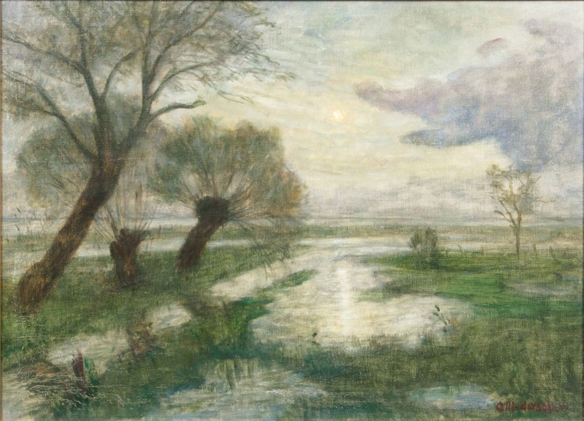 Otto Modersohn (Soest 1865 - Fischerhude 1943). Mond - drei Weiden. Öl/Lw./Hartfaser, 50 x 69,5