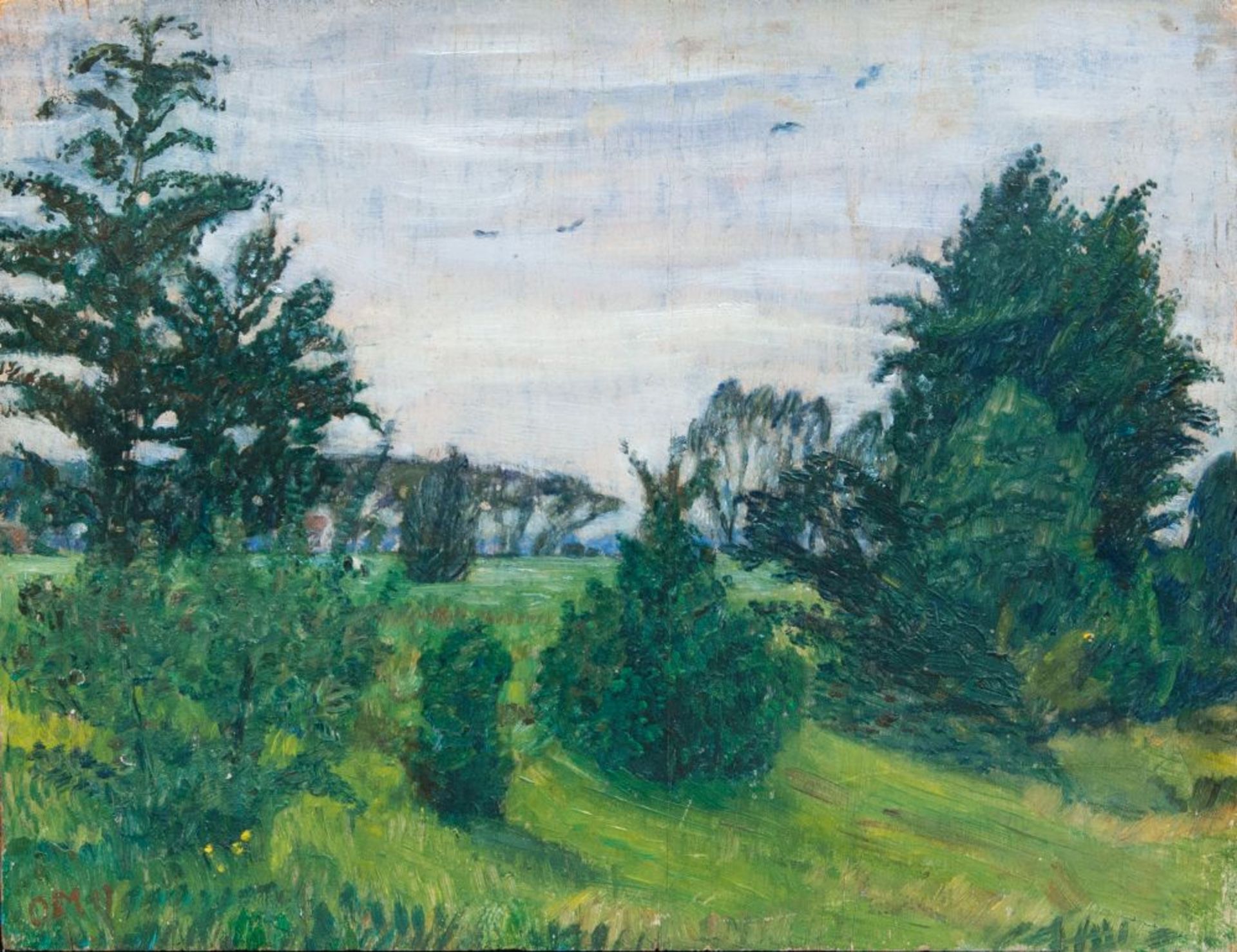 Otto Modersohn (Soest 1865 - Fischerhude 1943). Büsche am Wiesenrand. Öl/Holz, 28 x 37 cm, l. u.