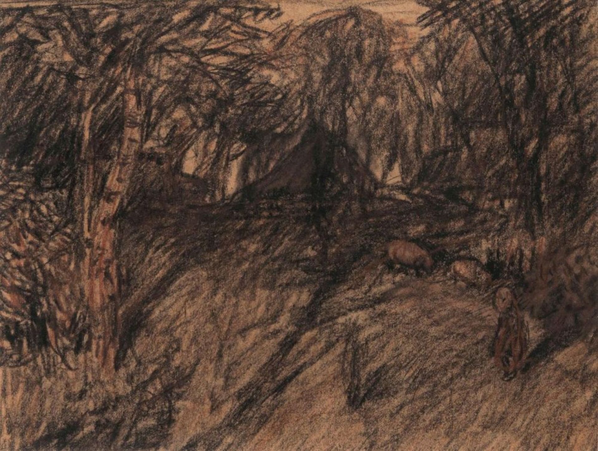 Otto Modersohn (Soest 1865 - Fischerhude 1943). Worpsweder Landschaft mit Bauernhaus und Schafen. Um
