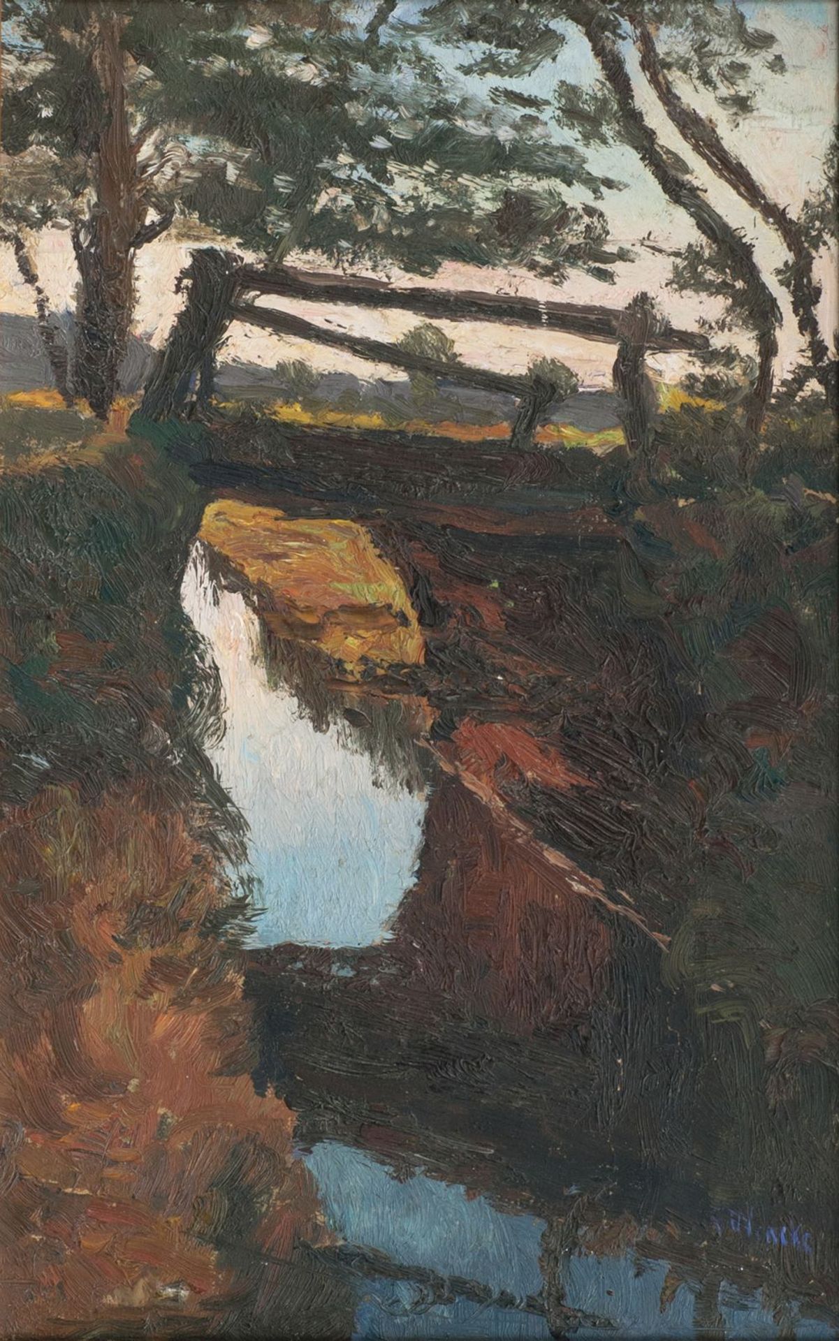 Sophie Wencke (Bremerhaven 1874 - Worpswede 1963). Moorgraben mit Brücke. Um 1910, Öl/Hartfaser,