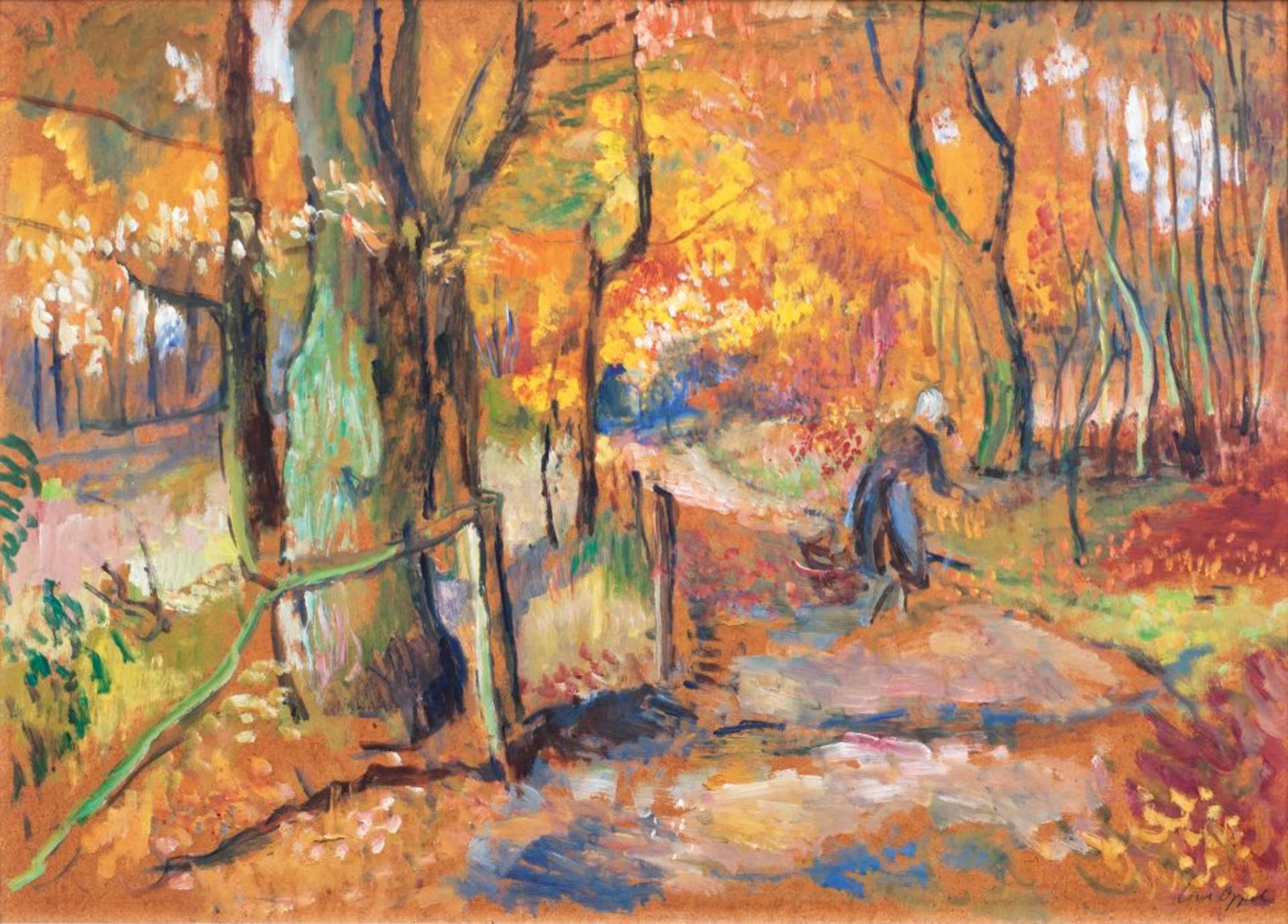 Lisel Oppel (Bremen 1897 - Worpswede 1960). Waldweg im Herbst. Um 1955, Öl/Hartfaser, 50 x 70 cm, r.