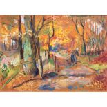 Lisel Oppel (Bremen 1897 - Worpswede 1960). Waldweg im Herbst. Um 1955, Öl/Hartfaser, 50 x 70 cm, r.