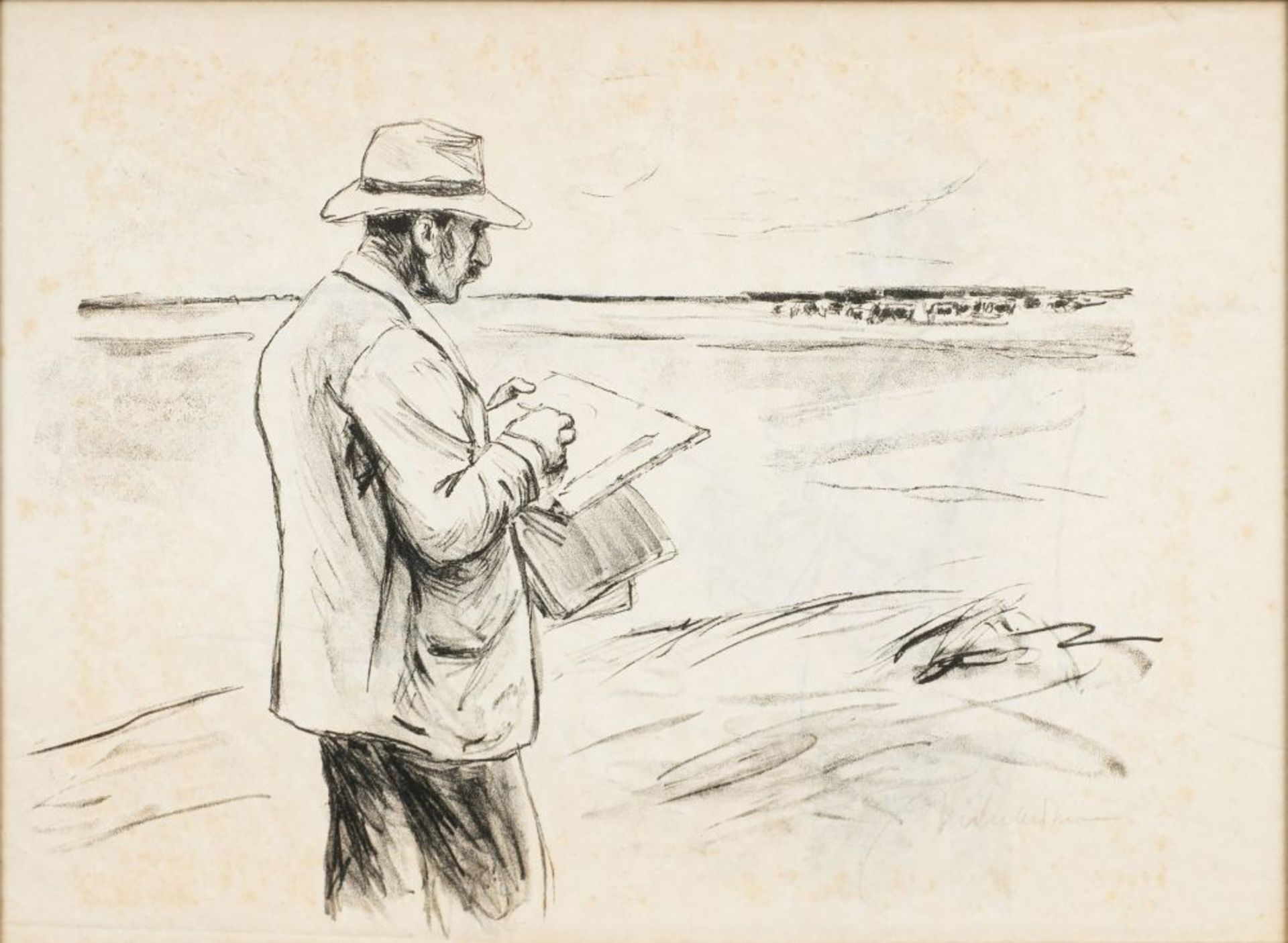 Max Liebermann (Berlin 1847 - Berlin 1935). Selbstbildnis, im Freien zeichnend. 1910,