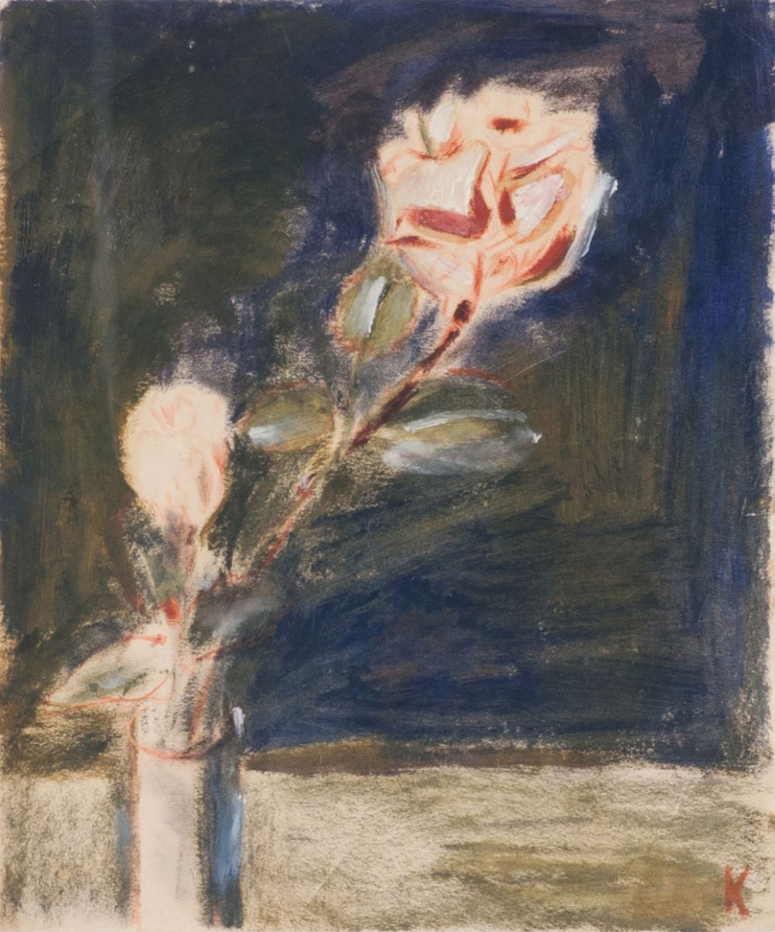 Alfred Kollmar (Bietigheim 1886 - Worpswede 1937). Vase mit zwei Rosen. Öl/Papier, 30,5 x 25,5 cm,