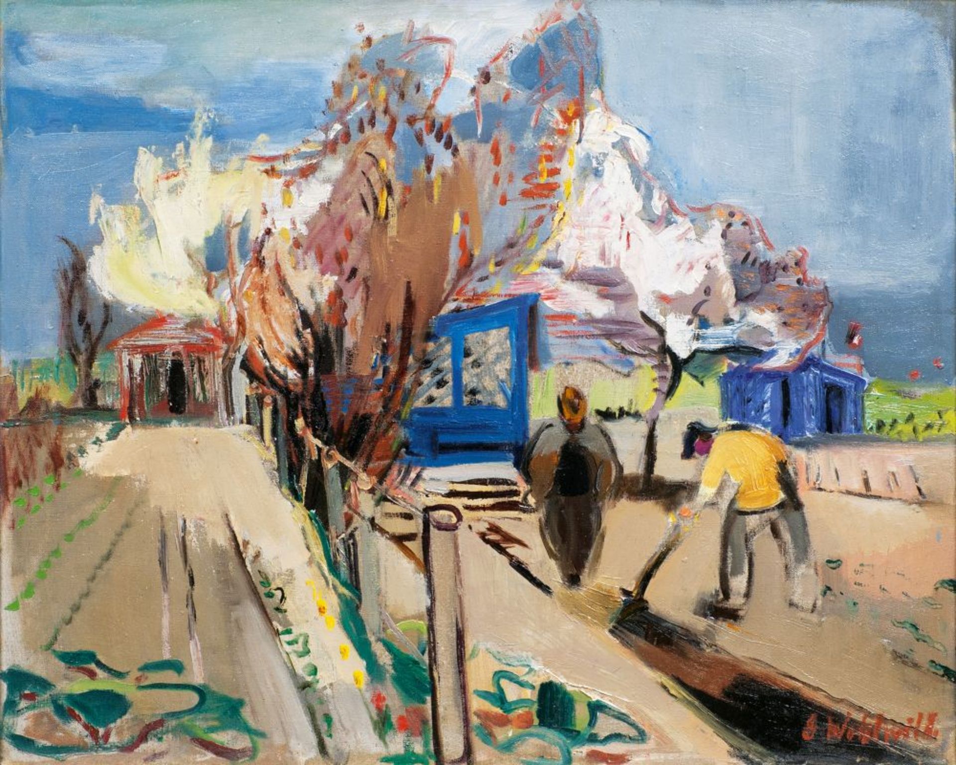 Gretchen Wohlwill (Hamburg 1878 - Hamburg 1962). Frühling in Finkenwerder. Öl/Lw., 61 x 75 cm, r. u.