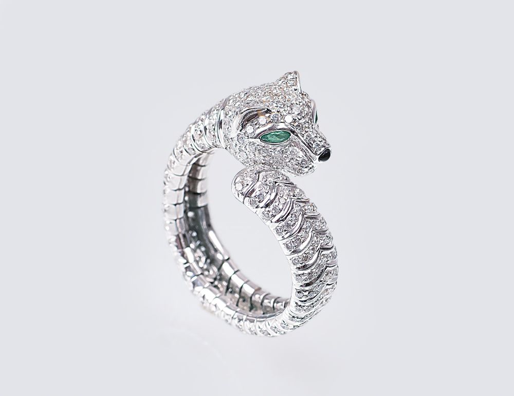 Ringspange mit Brillanten 'Panther'. 18 kt. WG, gest. Offene Ringschiene, umlaufend 315 kl. Brill.