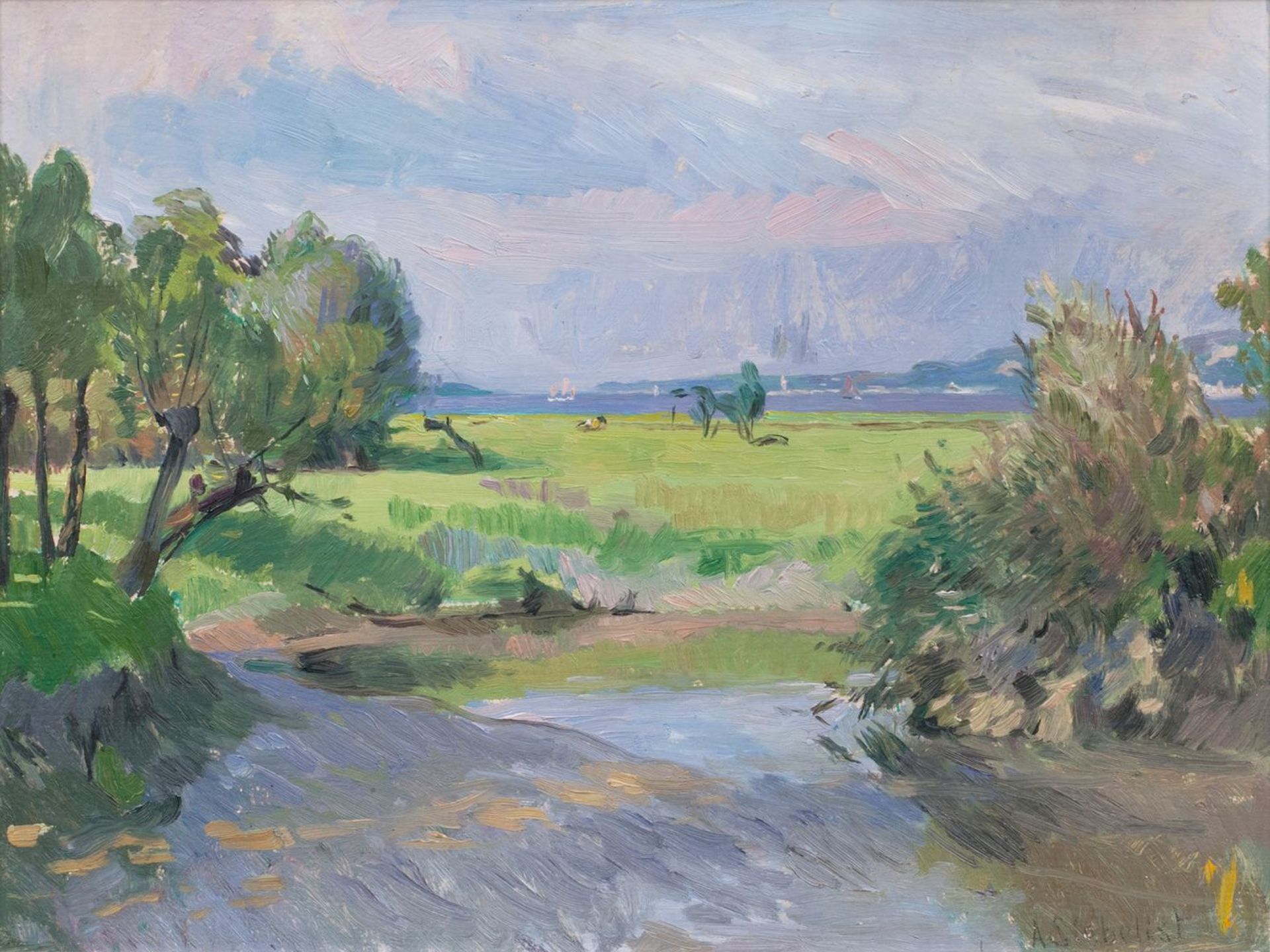 Arthur Siebelist (Loschwitz/Dresden 1870 - Hittfeld/Hamburg 1945). Landschaft am Fluß.