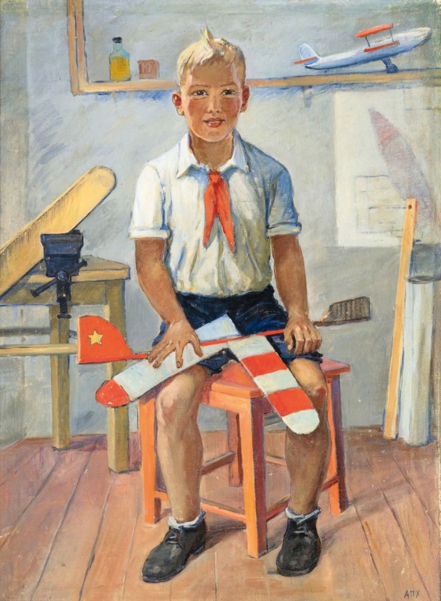 Alexei Fedorovich Pachomov (Warlamowo 1900 - Leningrad 1973). Junge mit Flugzeug.