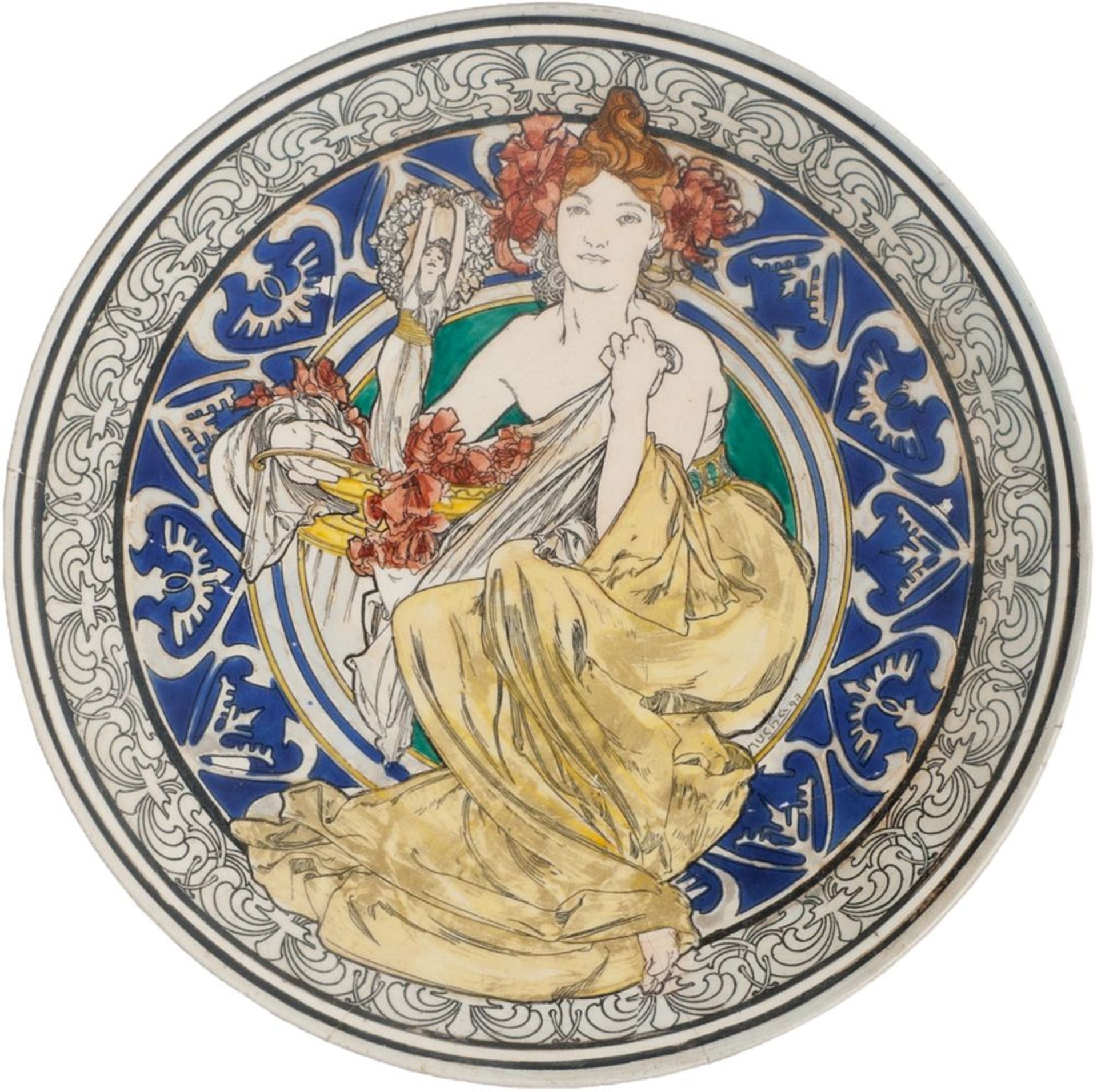 Alfons Mucha (Eibenschütz/Mähren 1860 - Prag 1939). Fayenceteller 'Allegorie des Herbstes'.