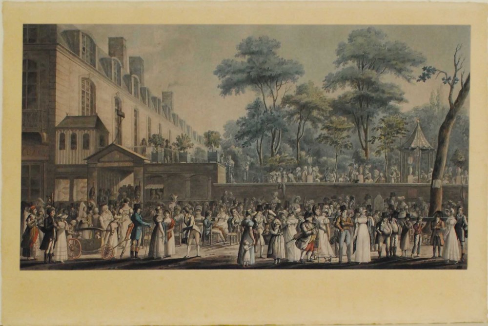 JEAN PIERRE MARIE JAZET - La promenade du Jardin Turc - 1810 - Color engraving, etching, and aqua...