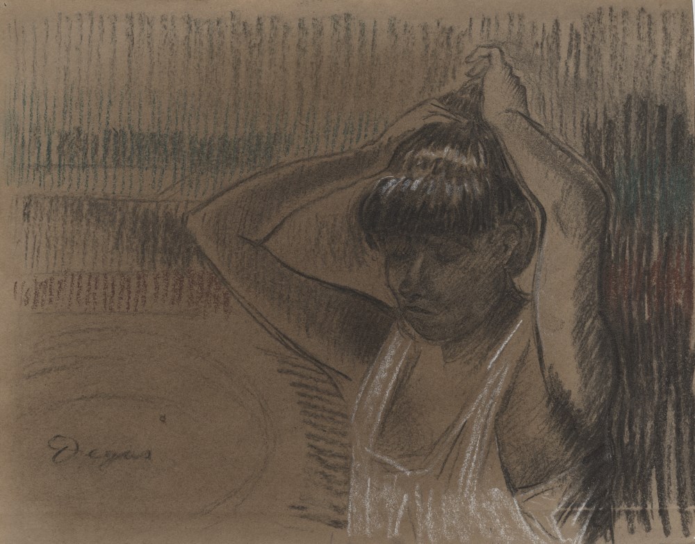 EDGAR DEGAS - Jeune femme faisant ses cheveux - Charcoal, pastel, and estompe drawing on paper