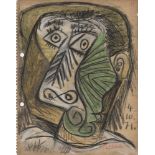 PABLO PICASSO - Tête 4-10-1971 - Charcoal, crayon, and watercolor drawing on paper