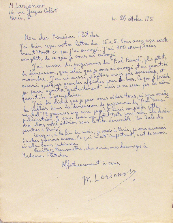 MIKHAIL LARIONOV - Paris Painters' Balls, Letter #2 - Autograph letter signed