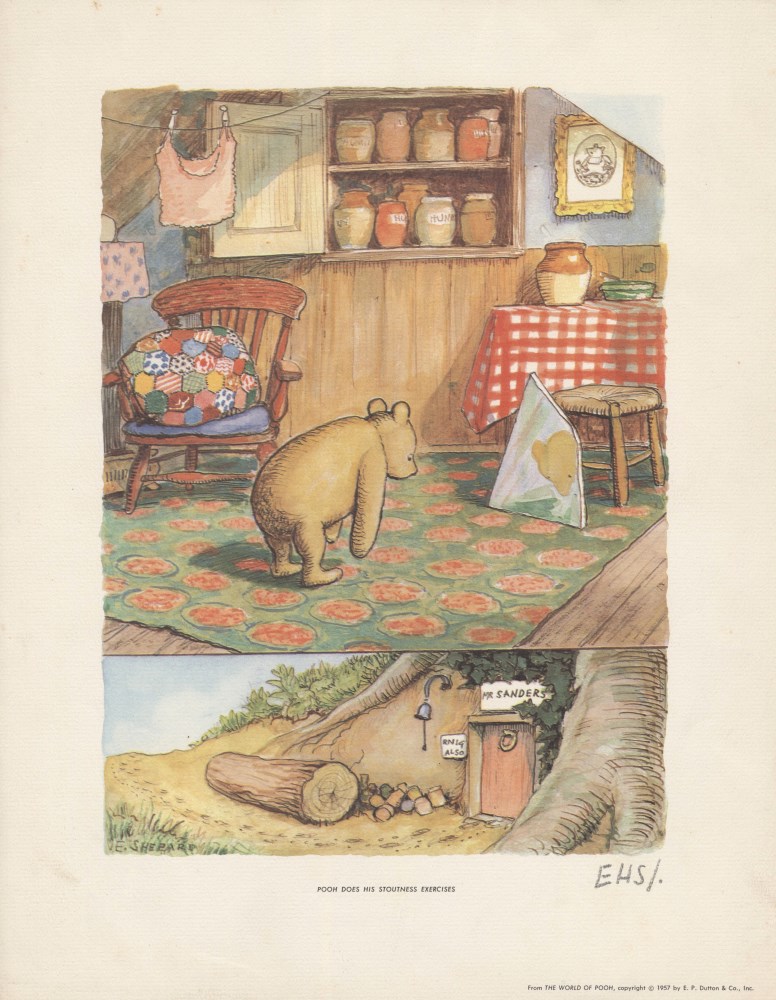 E(RNEST) H(OWARD) SHEPARD - Pooh Does His Stoutness Exercises - Original color offset lithograph