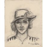 HENRI MATISSE - Portrait d'une jeune femme portant un chapeau - Charcoal and estompe drawing on p...