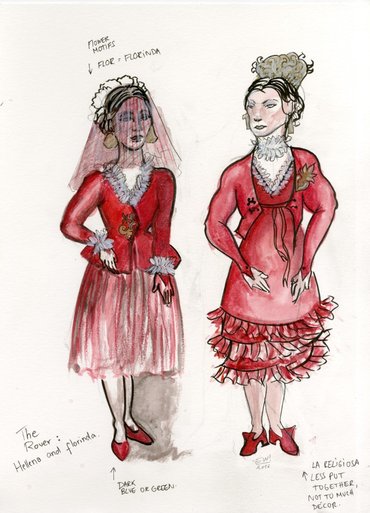 ESTELA WILLIAMS - Costume Design: 'The Rover' - Watercolor, ink, and colored pencils on paper