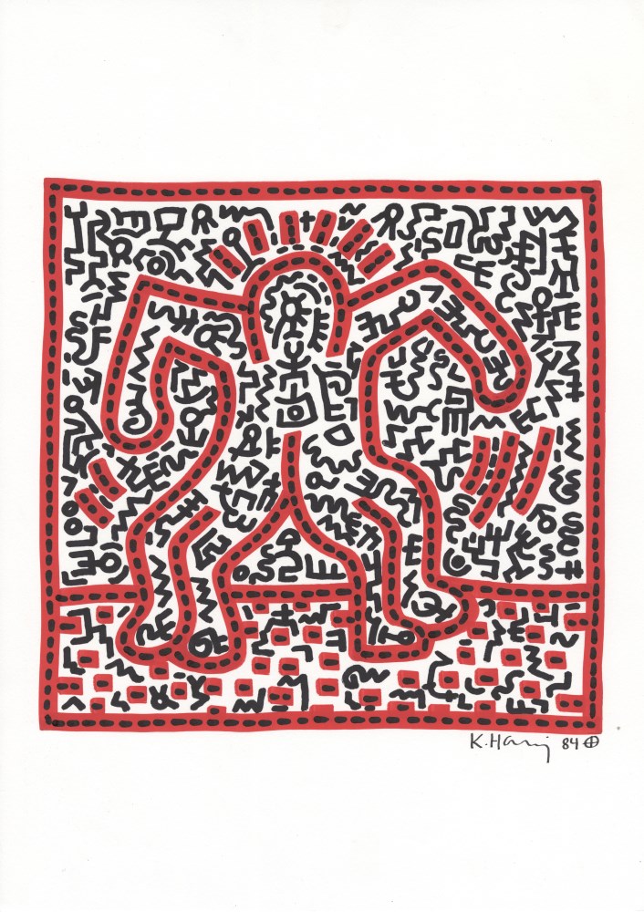 KEITH HARING - Four Legs - Black and red marker drawing on paper