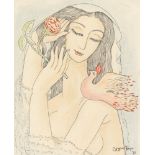 LADO GUDIASHVILI - Jeune femme avec une fleur - Watercolor, pastel, and ink on paper