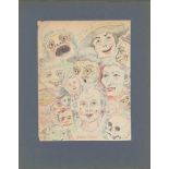 JAMES ENSOR - Têtes Grotesques - Watercolor, wax crayon, and pencil drawing on paper