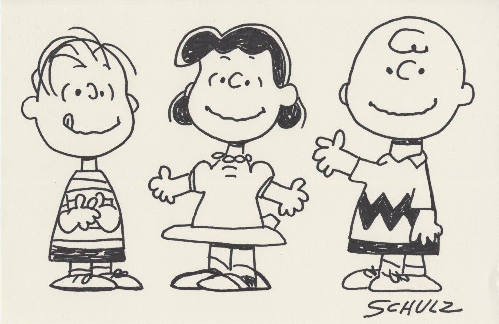 CHARLES SCHULZ - Linus, Lucy, and Charlie - Marker drawing on paper