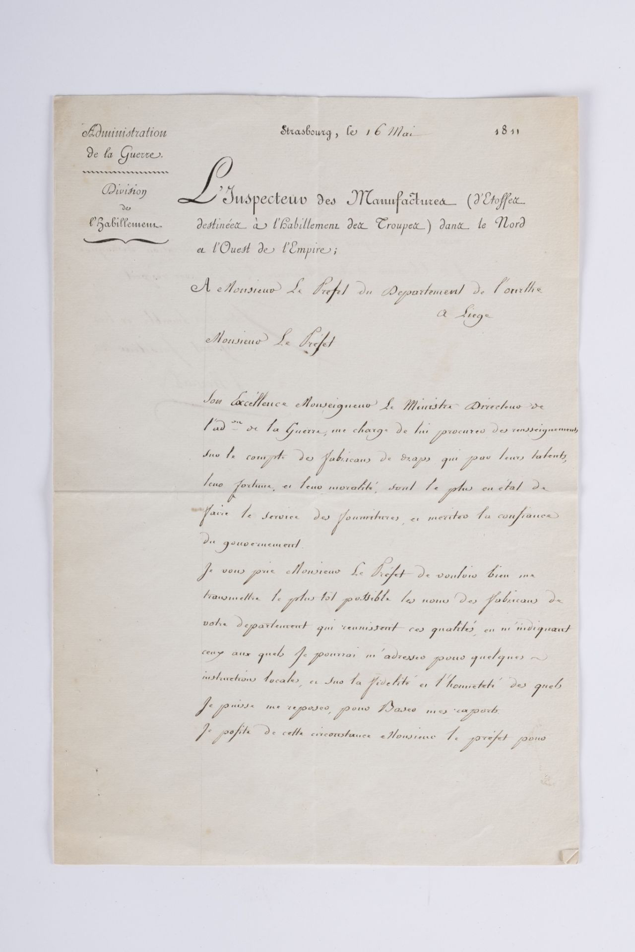 Lettre relative à la fourniture d'étoffes. Lettre en partie imprimée de l'inspecteur des manufacture