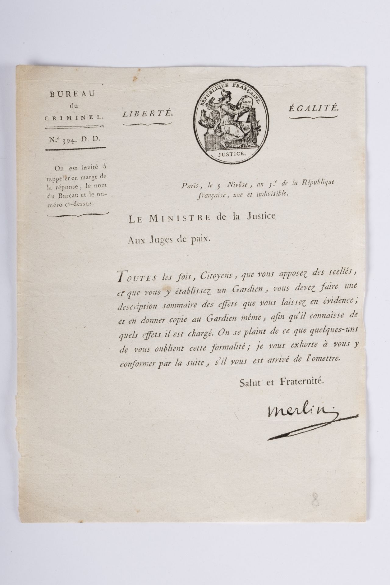 France, révolution française: circulaire aux juges de paix par Merlin de Douay. Circulaire