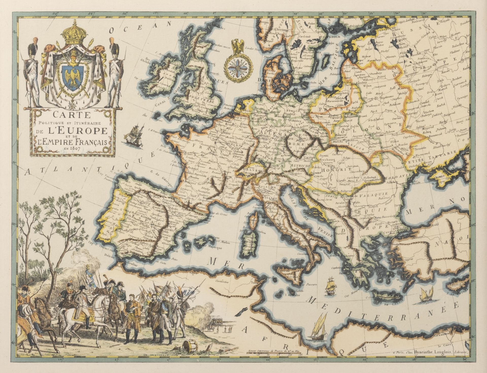 Premier Empire: Gravure colorée l'Empire français. Carte de l'Europe sous Napoléon d'après la