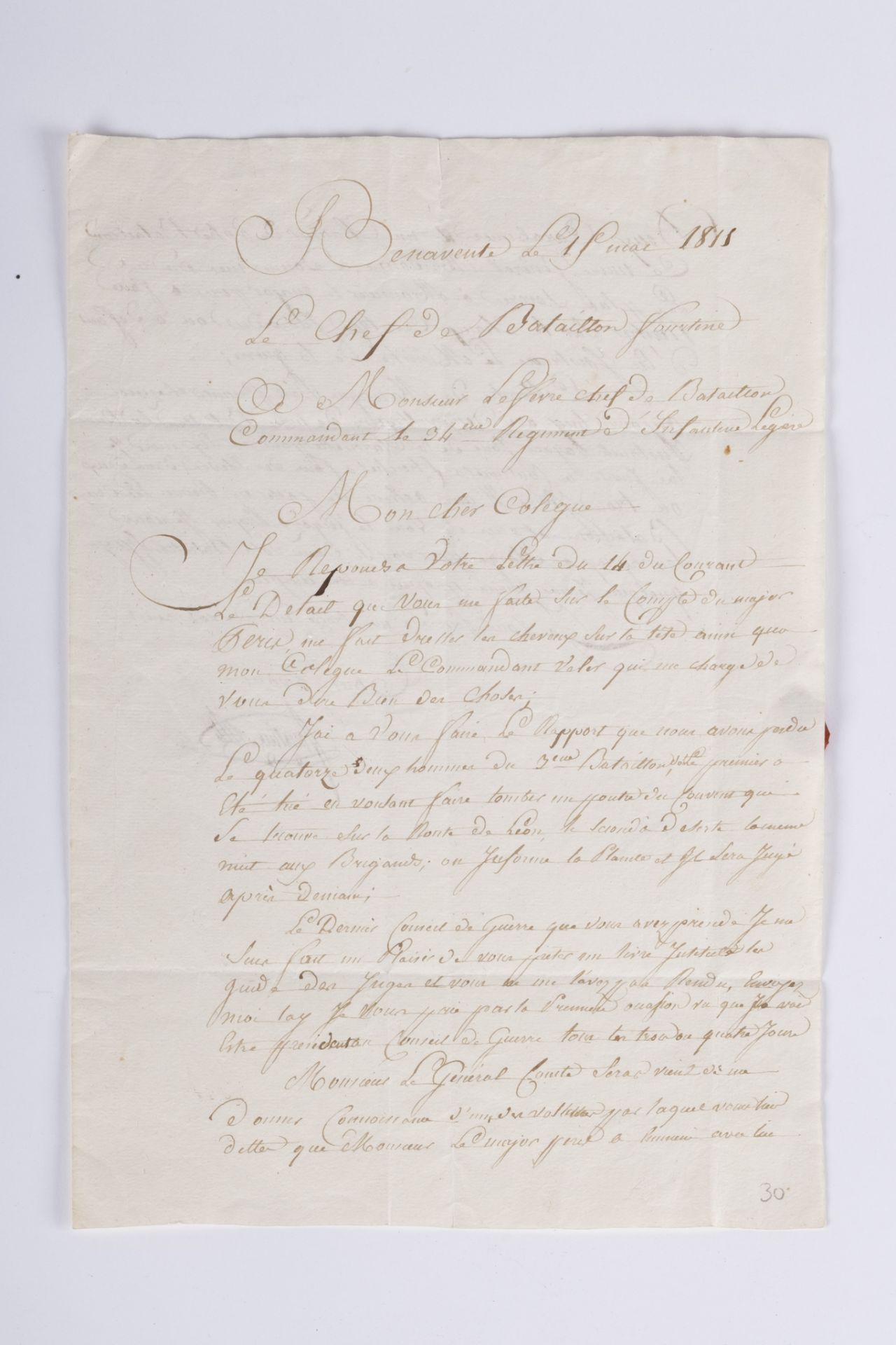 Lettre d'un chef de bataillon Premier Empire. Lettre manuscrite du chef de bataillon Fourtine au