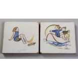TWO HAND-PAINTED TILES OF CHILDREN AT PLAY, MID 20TH CENTURY
