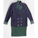 A LADIES VINTAGE NAVY BLUE AND EMERALD GREEN SUIT