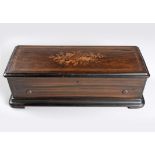 A SWISS ROSEWOOD, EBONISED AND INLAID MUSICAL BOX, B. A. BREMOND, GENEVA, 19TH CENTURY