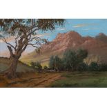 Tinus de Jongh (South African 1885 - 1942) VIEW OF FARM AND MOUNTAINS