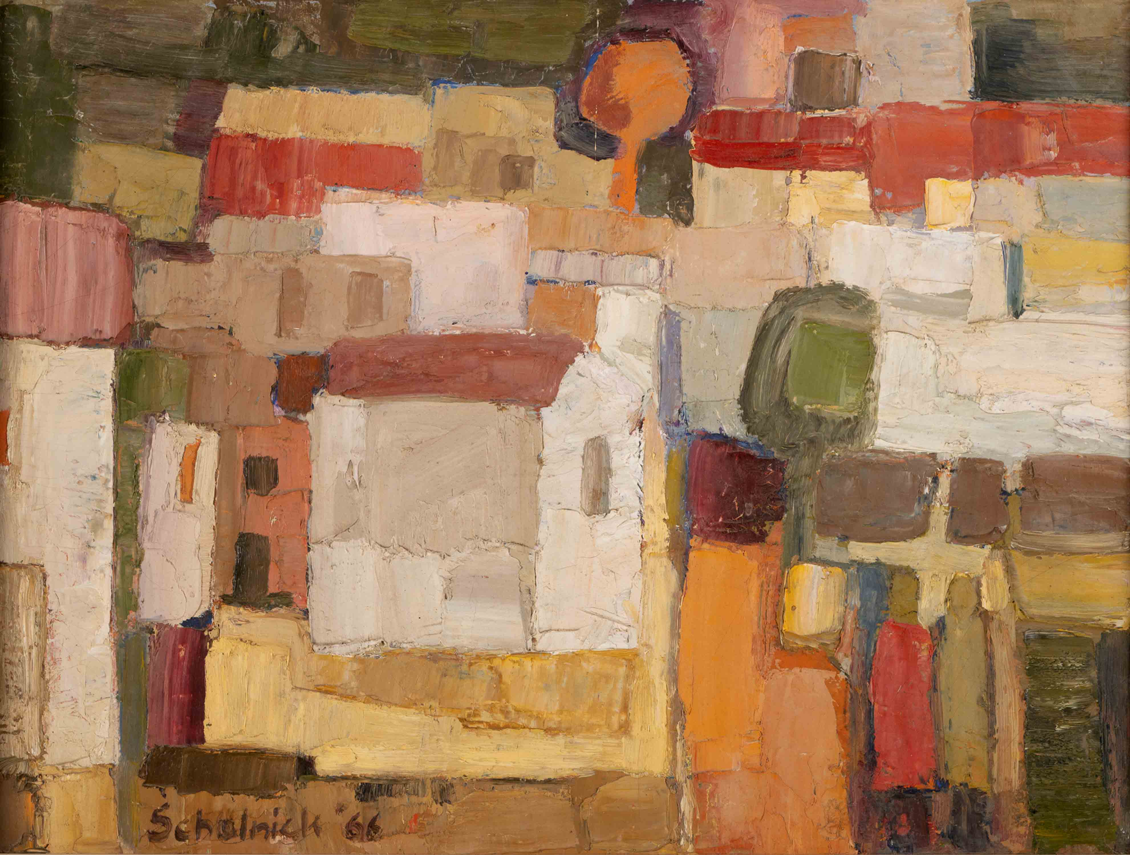 Olivia Scholnick (South African 1927 - 2013) ABSTRACTED LANDSCAPE WITH HOUSES AND FIGURES