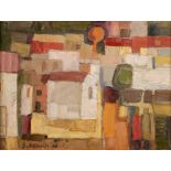 Olivia Scholnick (South African 1927 - 2013) ABSTRACTED LANDSCAPE WITH HOUSES AND FIGURES