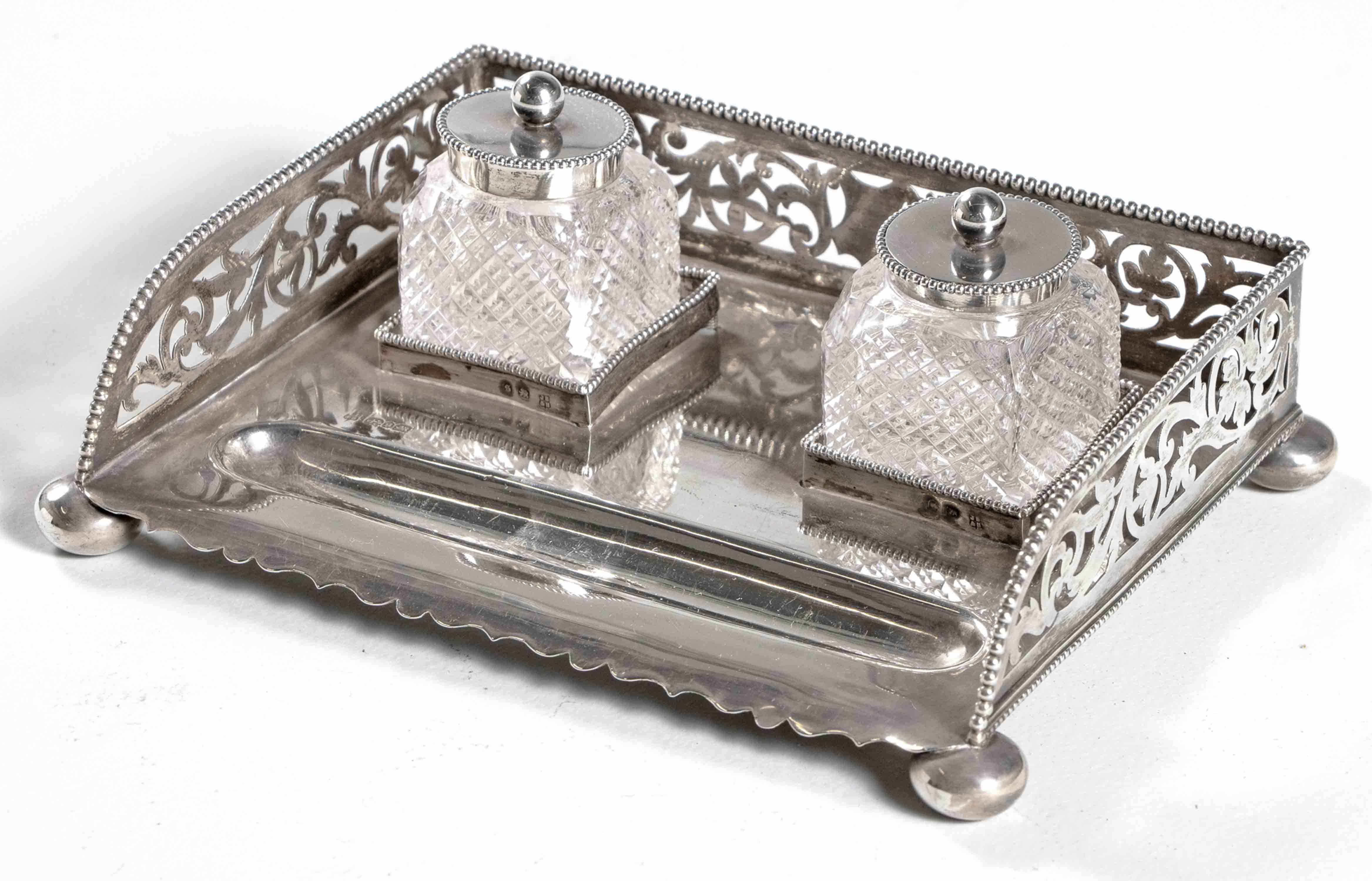 A VICTORIAN SILVER DOUBLE INKSTAND, J SHERWOOD AND SONS, BIRMINGHAM, 1892