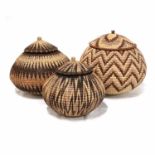 A COLLECTION OF THREE VINTAGE ZULU ILALA PALM BASKETS, HLABISA, NORTHERN ZULULAND