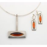 A PEWTER AND GLASS PENDANT AND MATCHING EAR CLIPS, JORGEN JENSEN , DENMARK