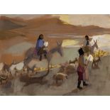 Marjorie Wallace (1925 - 2005) MIDDLE EASTERN WOMEN ON DONKEYS HERDING GOATS AND SHEEP