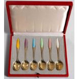 A DANISH CASED SET OF SIX SILVER-GILT AND ENAMEL MOCHA SPOONS, POUL FRIGAST, COPENHAGEN