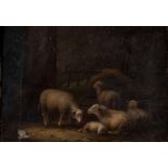 In the manner of Paulus Potter (Dutch 1625 - 1654) LAMBS AND SHEEP IN A BARN